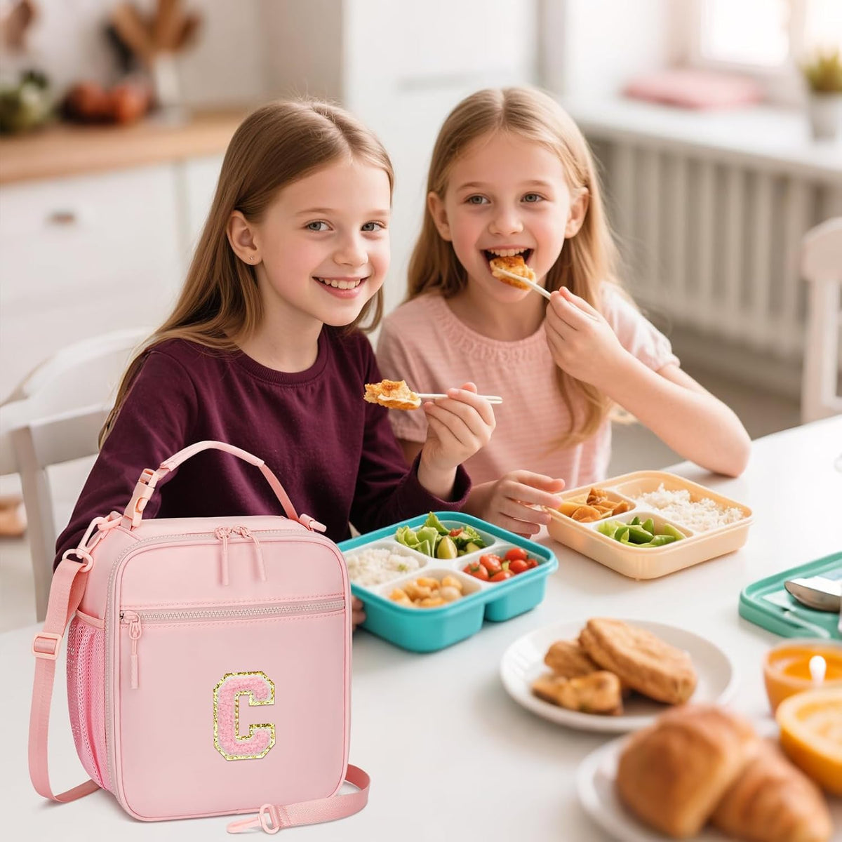 Initial Insulated Lunch Bag for Girls Kids, Back to School Gift, Reusable Leak-proof Lunch Box with Adjustable Strap for School Daycare Travel Picnic (Pink,C)