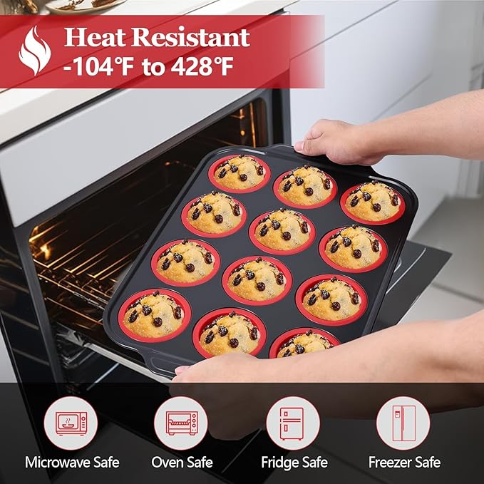 12 Cups Silicone Muffin Pans for Baking with Metal Frame, Egg Bite Molds, Cupcake Pans Regular Size, Muffin Tins Easy to Pop Nonstick Non Toxic Bakeware for Oven Dishwasher Safe