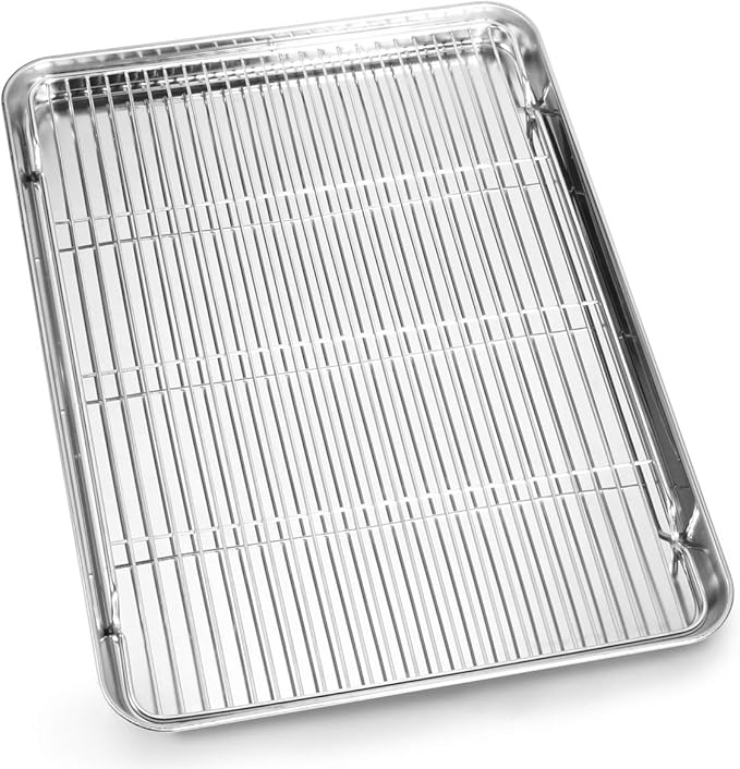 Cookie Sheet and Cooling Rack Set, 16 inch Stainless Steel Baking Pan with a Rack, Professional Bakeware, Healthy & Non-toxic & Rustproof & Easy Clean & Dishwasher Safe