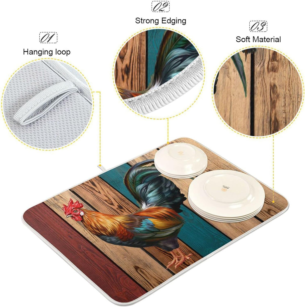 Rooster Dish Drying Mat for Kitchen Counter Farmhouse Absorbent Microfiber Drying Pad, Medium 16x18 in, Reversible Drainer Mats