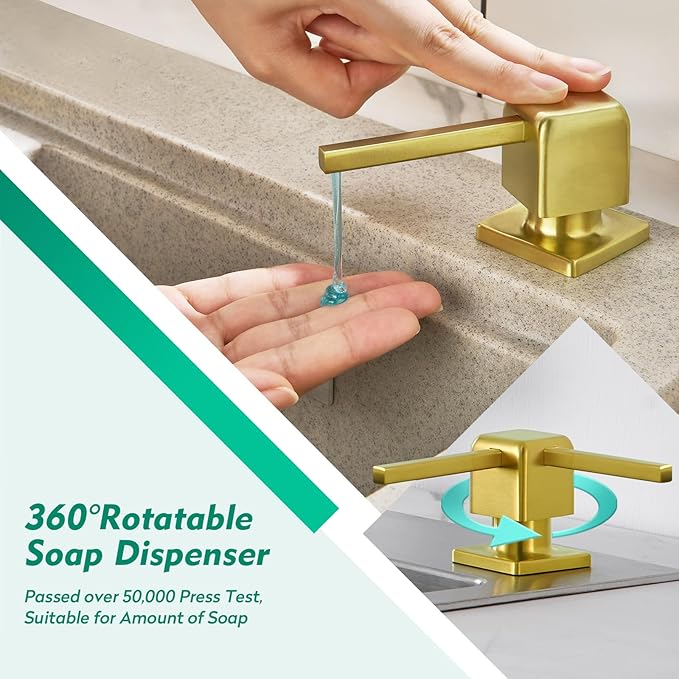 CREA Brushed Gold Soap Dispenser for Kitchen Sink, Kitchen Soap Dispenser Gold Square Built in Sink Soap Dispenser for Bathroom with 17 OZ Bottle