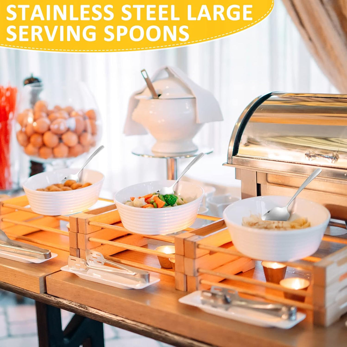 12 Pcs Stainless Steel Serving Spoons Set for Buffet, 8.3 Inches Large Serving Utensils Dishwasher Safe Metal Polished Buffet Spoons for Food Cooking Catering Kitchen Banquet Restaurant Home