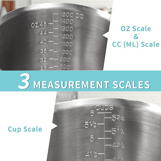 Measuring Cup, [Upgraded, 3 Measurement Scales, Including Cup Scale, ML Scale, Ounce Scale], Newness Stainless Steel Measuring Cup with Marking with Handle, 48 Ounces (1.5 Liter, 6 Cup)
