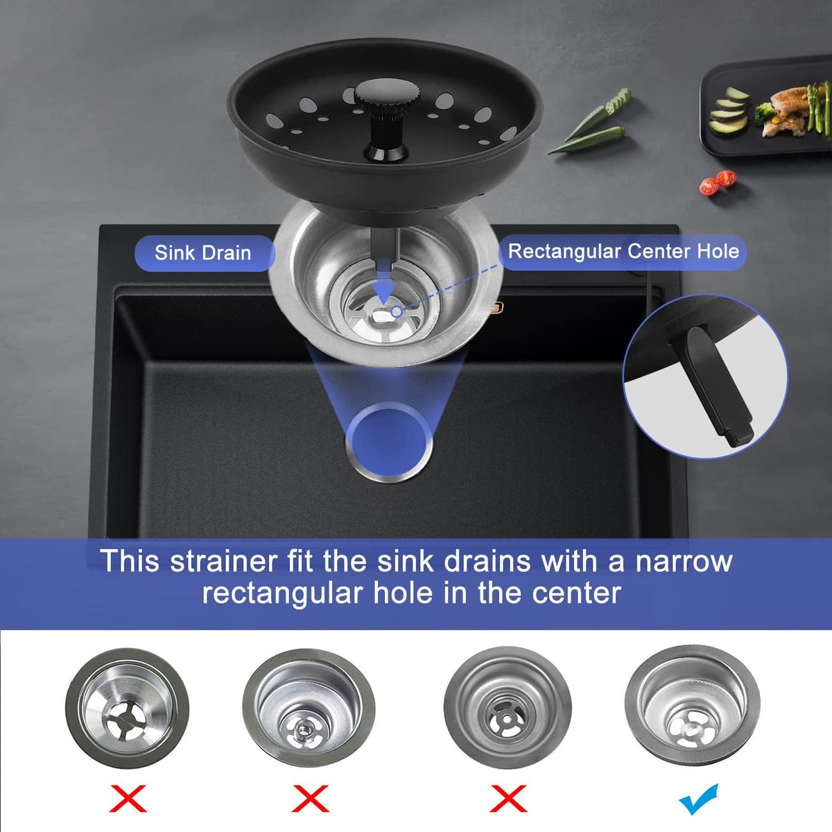 Kitchen Sink Drain Strainer 3 Pack Stainless Steel Sink Stopper, Anti-Clogging Kitchen Sink Drain Basket for Kitchen Sink Strainer Replacement Set (Black, 3 Pack)