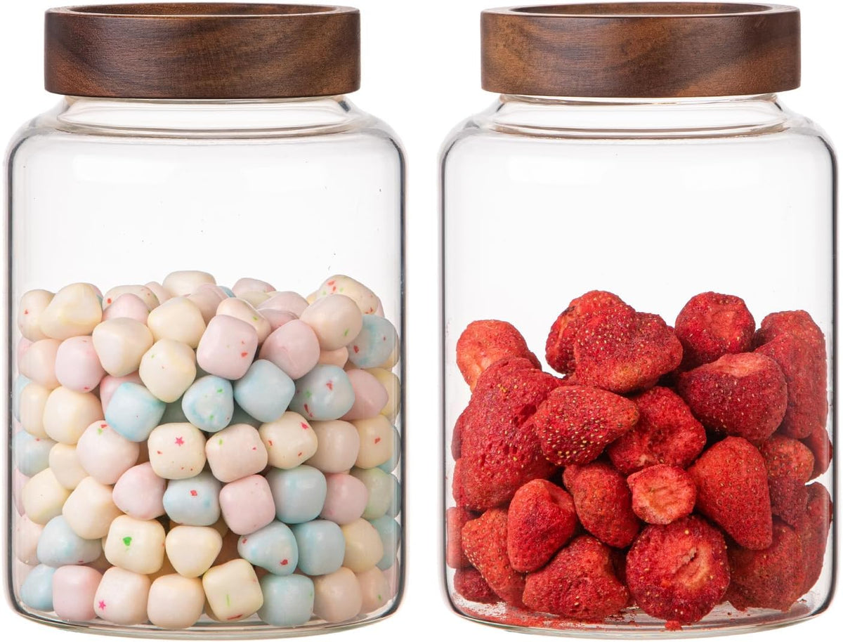 Large Glass Coffee Jars 60 oz /1800ml, Round Storage Canister with Wooden Lid Clear Glass Food Jar for Pantry Sugar Tea Coffee Bean Spice Nuts Cookies Bath Salts (1800ml/60oz-2PACK)