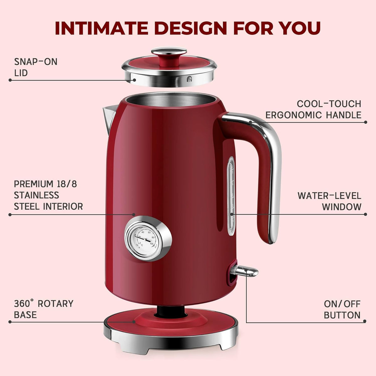 SUSTEAS Electric Kettle - 57oz Hot Tea Water Boiler with Thermometer, 1500W Fast Heating Stainless Steel Pot, Cordless LED Indicator, Auto Shut-Off & Boil Dry Protection, Red