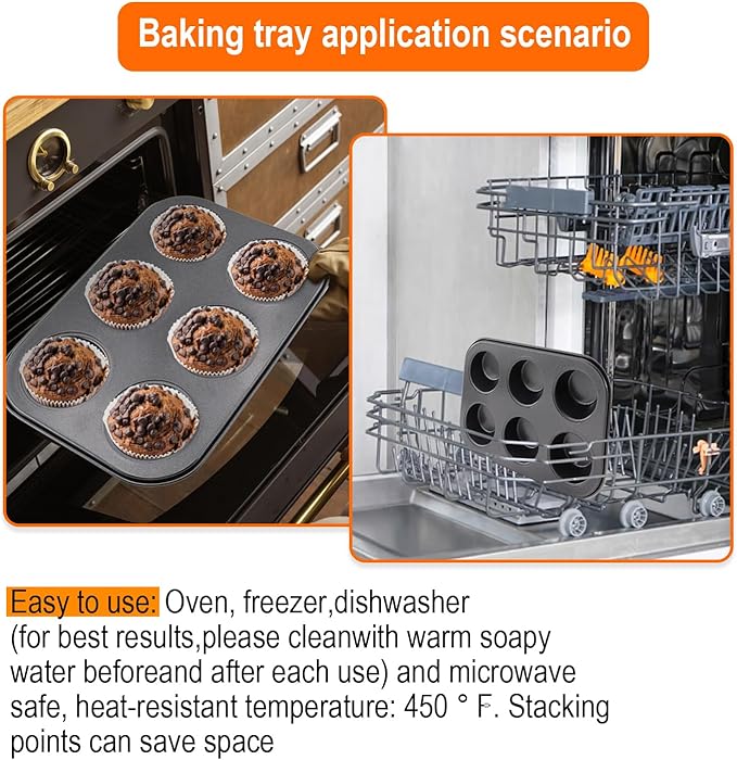 2 Packs Round Muffin Baking Pan, Premium Steel Muffin Pan for Baking, Cupcake Tin Cheesecake Pans, Bakeware Muffin Top Pan (6 Cups,Black)