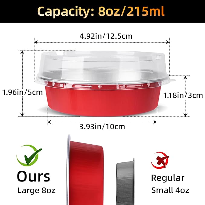 Beasea 4 Inch Disposable Tart Pans with Lids, 120 Pack 8oz Mini Pie Tins Creme Brulee Ramekins Bright Red Aluminum Foil Pie Tart Cake Baking Pans Individual Round Containers Oven Safe for Baking