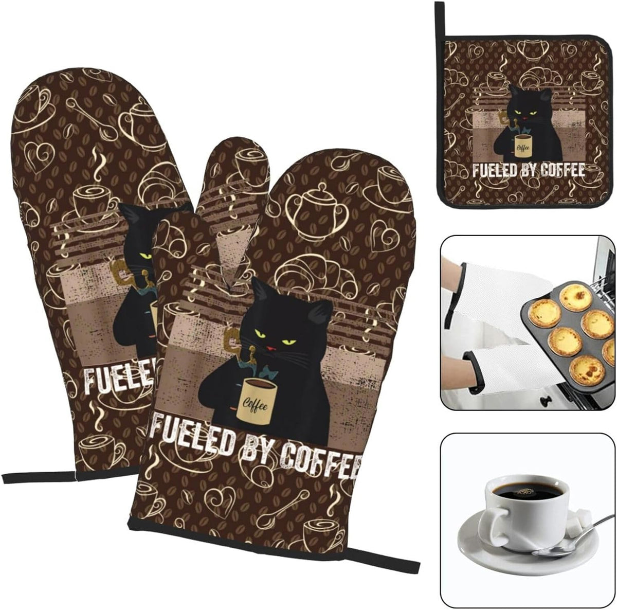 Vintage Cat Oven Mitts and Pot Holders Sets of 3 Retro Coffee Hot Pads Oven Gloves Heat Resistant Non Slip Washable for Kitchen Cooking Grilling Baking
