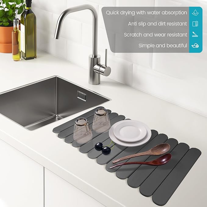 Extral Large Quick Dry Stone Drying Mat for Kitchen Counter,28"(L)x16"(W) Collapsible Eco-Friendly Absorbent Diatomaceous Earth Mat for Dishes Cups,Dish Drying Mats (Deep gray-Ellipse, 28x16 inch)