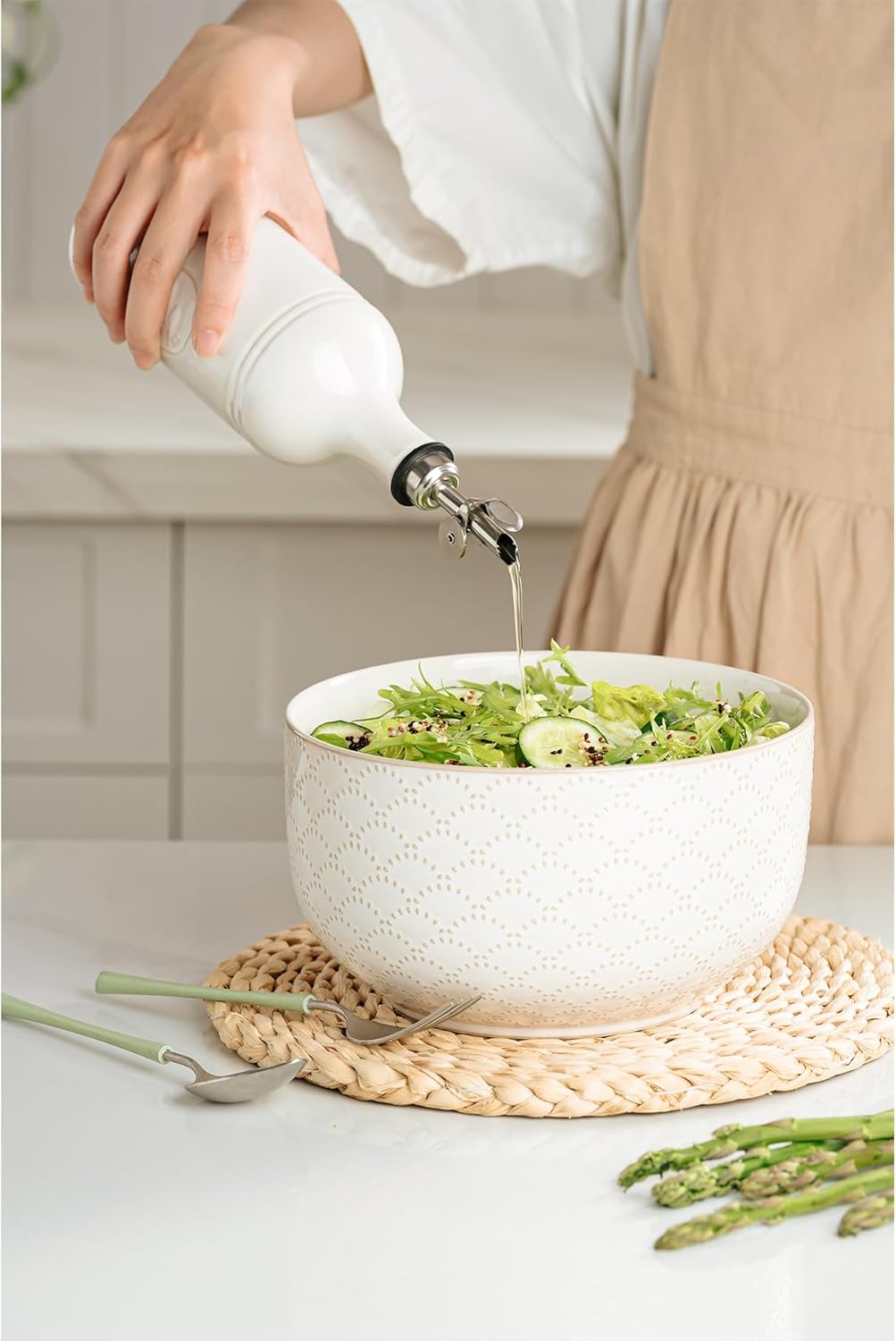 Olive Oil Dispenser Bottle with Spout, 18 oz Ceramic Oil Dispensers for Kitchen, Opaque Cruet, EVOO & Vinegar Bottle with Automatic Stainless Steel Pourer, Pack of 1