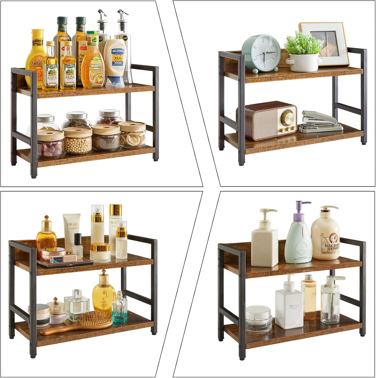IBUYKE 2-Tier Spice Rack Industrial Counter Shelf Desktop Storage Organizer Standing Seasoning Rack for Countertop Kitchen Office Living Room Desktop Rustic Brown UTLJ002H