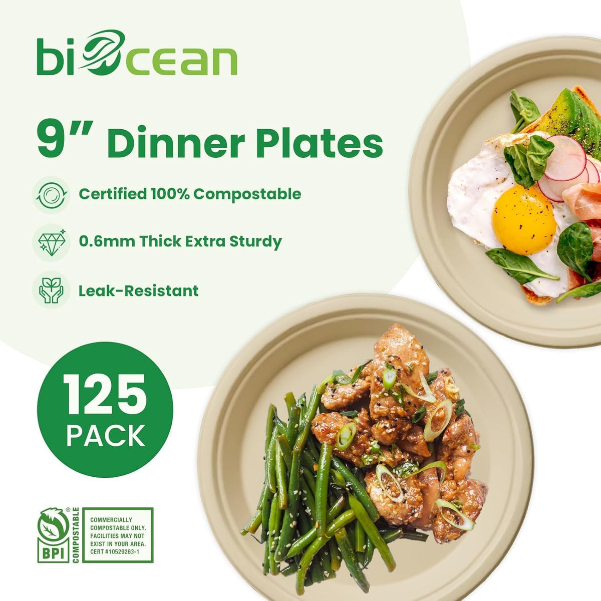 9 Inch Compostable Plates [125 Pack] - Heavy Duty Brown Compostable Paper Plate, Disposable Eco-Friendly Sugarcane Bagasse Plates for Dinner, Party, and Weddings (Round)