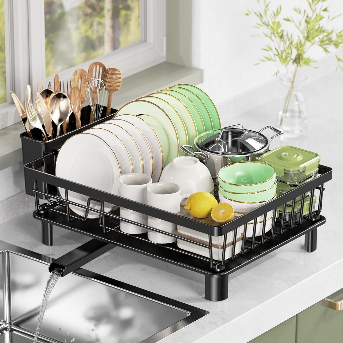 Dish Drying Rack, Stainless Steel Drainer Rack with Drainboard with Smart Drainage System, Space Saving Dish Strainer for Kitchen Counter with Cutlery Holder, Black