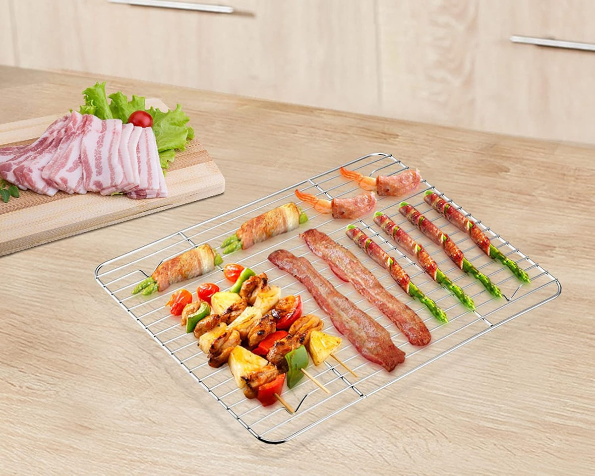 P&P CHEF Baking Cooling Rack Set for Cooking Roasting, 4-Piece Stainless Steel Wire Racks for Oven Use, Healthy & Dishwasher Safe, Rectangle, 9.7 Inch