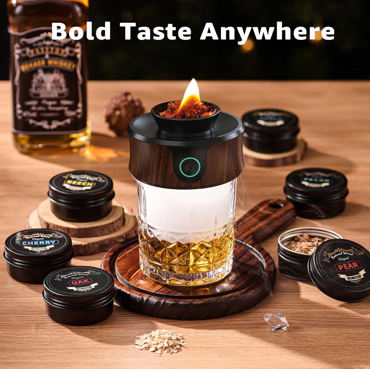 Electric Whiskey & Cocktail Smoker Kit with Torch – Built-in Fan, 6 Wood Chips, Old Fashioned & Whiskey Drink Smoker, Ideal Gift for Dad & Men (Butane Not Included)