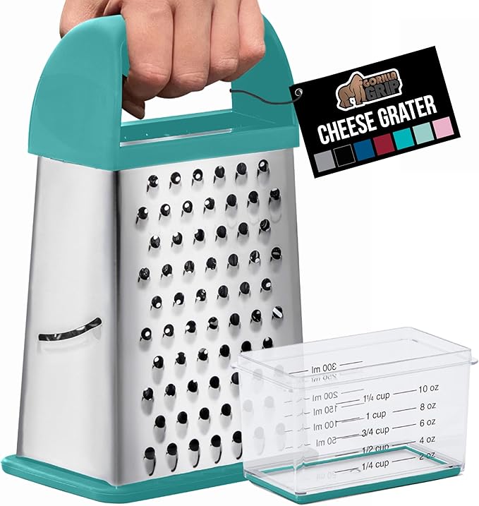 GORILLA GRIP 4-Sided 100% BPA-Free Cheese Grater With Container, Stainless Steel Box Graters, Parmesan Shredder, Grate Cheeses, Shred Veggies, Slip Resistant Handle, Dishwasher Safe Zester, Turquoise