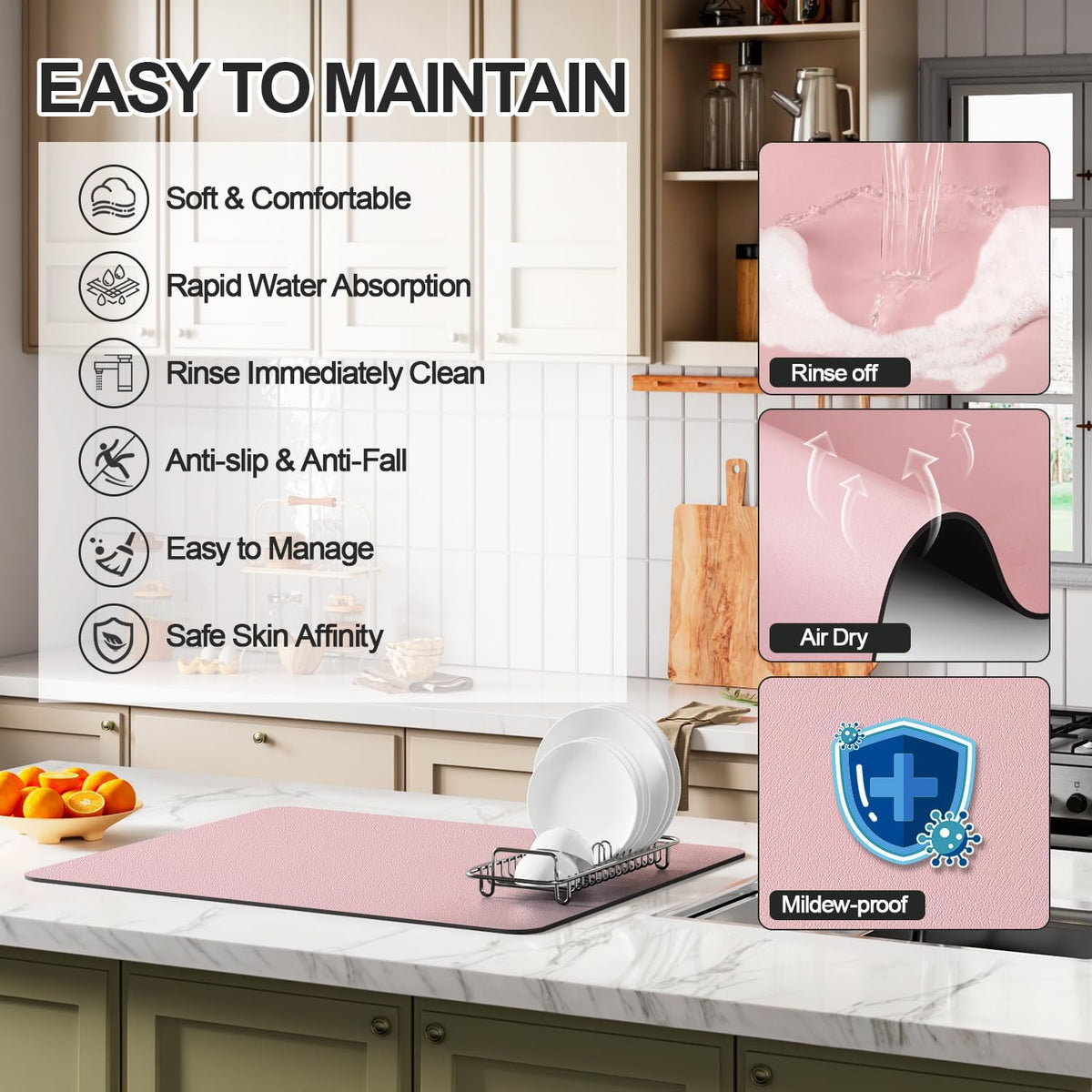 Dish Drying Mat for Kitchen Counter | Coffee Bar Mat for Countertops | Heat Resistant Drainer Mat with Non-slip Rubber Backed | Hide Stain Kitchen Absorbent Draining Mat | Pink 16"x18"