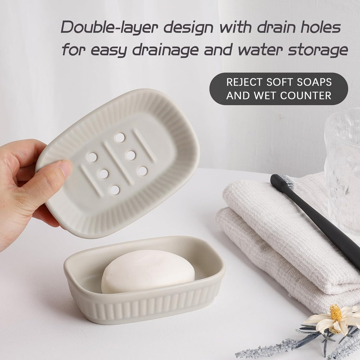 Soap Dish, Self-draining Bar Soap Holder, Ceramic Double Layer Soap Dishes for Bar Soap, Draining Soap Dish for Bathroom Shower Kitchen, Minimalist Vintage Style, Keep Soap Dry, Grey, ANTIS'S HOME