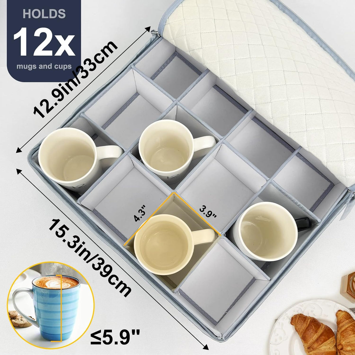Wine Glass and Mug Storage Box with Dividers - 2 Pack China Storage Containers Set Holds 24 Glassware , Stemware，Coffee Mug and Tea Cup, Organizer Bin with Sturdy Metal Zipper,Label and Handles (Grey)