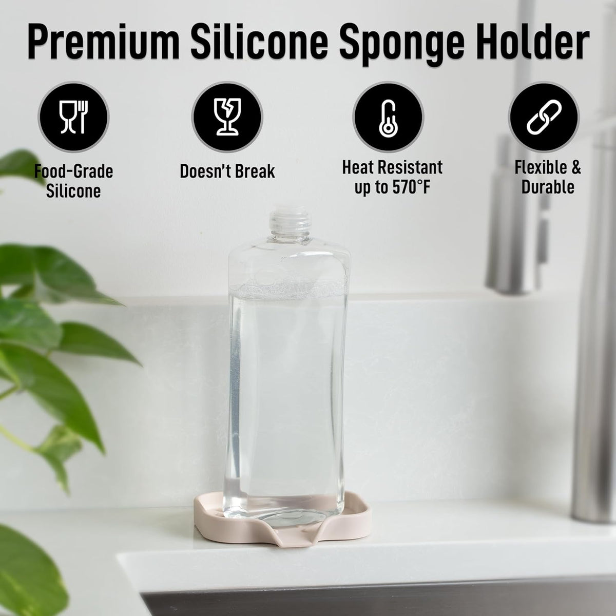 Zulay Kitchen Small Silicone Sponge Holder (4.9x3.3”) – Space-Saving Sink Organizer Tray for Sponge, Soap, Brush & More – Compact Non-Slip Dish for Kitchen & Bathroom (Ivory)