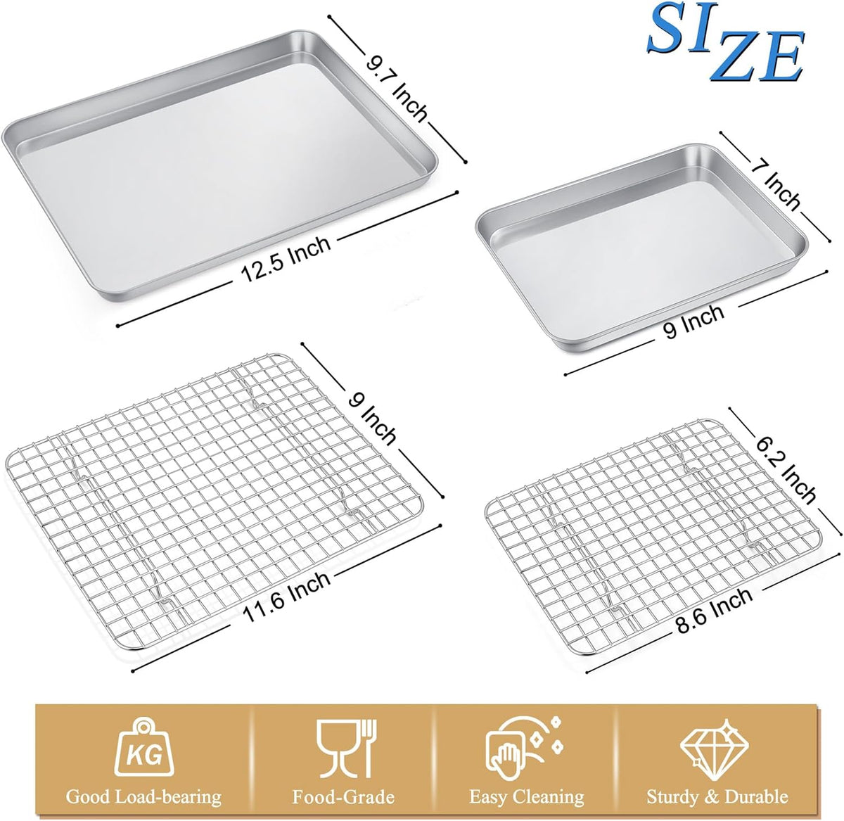 P&P CHEF 12.5 + 9 Inch Baking Sheet and Rack Set, Stainless Steel Cookie Sheets Oven Baking Pans Trays with Cooling Racks for Cooking & Roasting, Oven & Dishwasher Safe, (4Pcs)