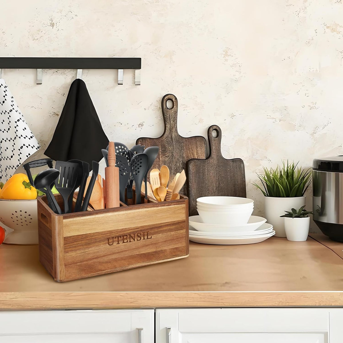 Kitchen Utensil Holder with 4 Compartments, Large Acacia Wood Utensil Caddy Storage Caddy Organizer Countertop for Flatware Silverware Fork Spoon Spatula