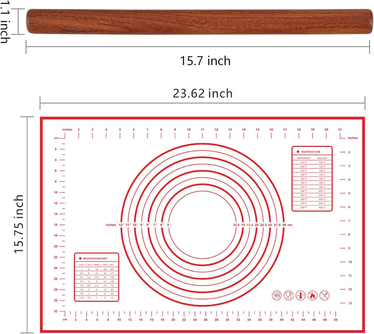 Wood Rolling Pin for Dough, Vinoil French Rolling Pins for Baking with Slicone Baking Mat Set, Dough Roller for Baking Fondant Pizza Pasta Pies Cakes Bread and Cookies, 16 Inch Rosewood
