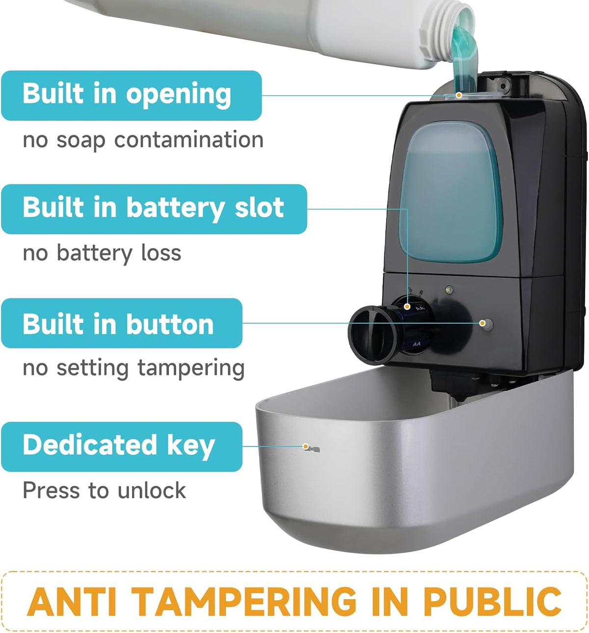AIKE 33.8oz Automatic Wall Mount Liquid Soap Dispenser with Commercial ABS Construction, Model AK1226S(Silver)