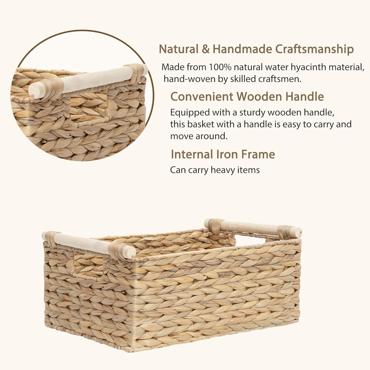 Handmade Water Hyacinth Woven Storage Baskets with Wooden Handles, Rectangle Rustic Organizer Set for Home Decor, Kitchen, Bedroom & Office (Large)