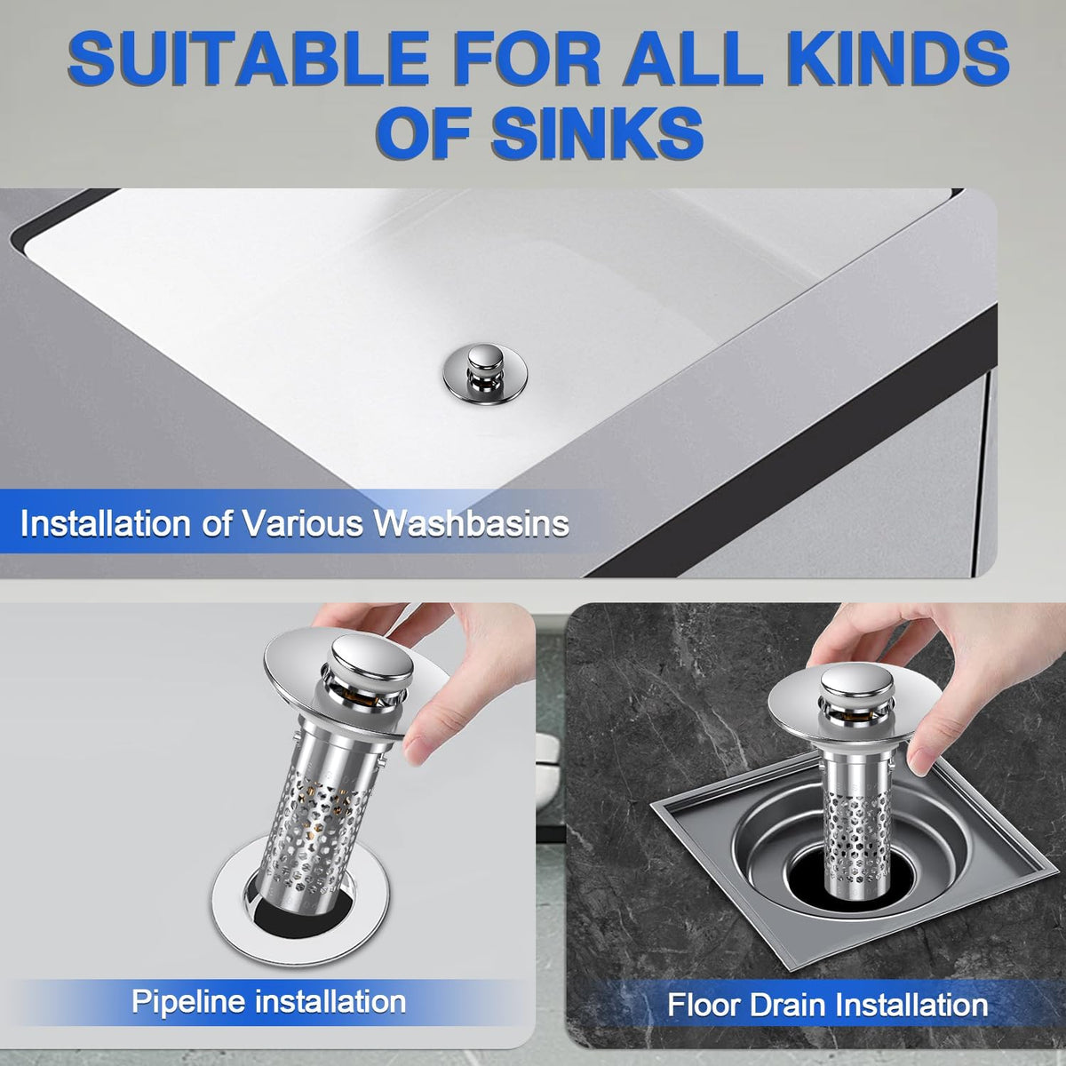 Sink Stopper Hair Catcher, Pop-up Sink Drain Strainer with Removable Stainless Steel Strainer Basket Hair Catcher, Bathroom Sink Strainer for Bathroom Sink Stopper Replacement (New-2PCS)
