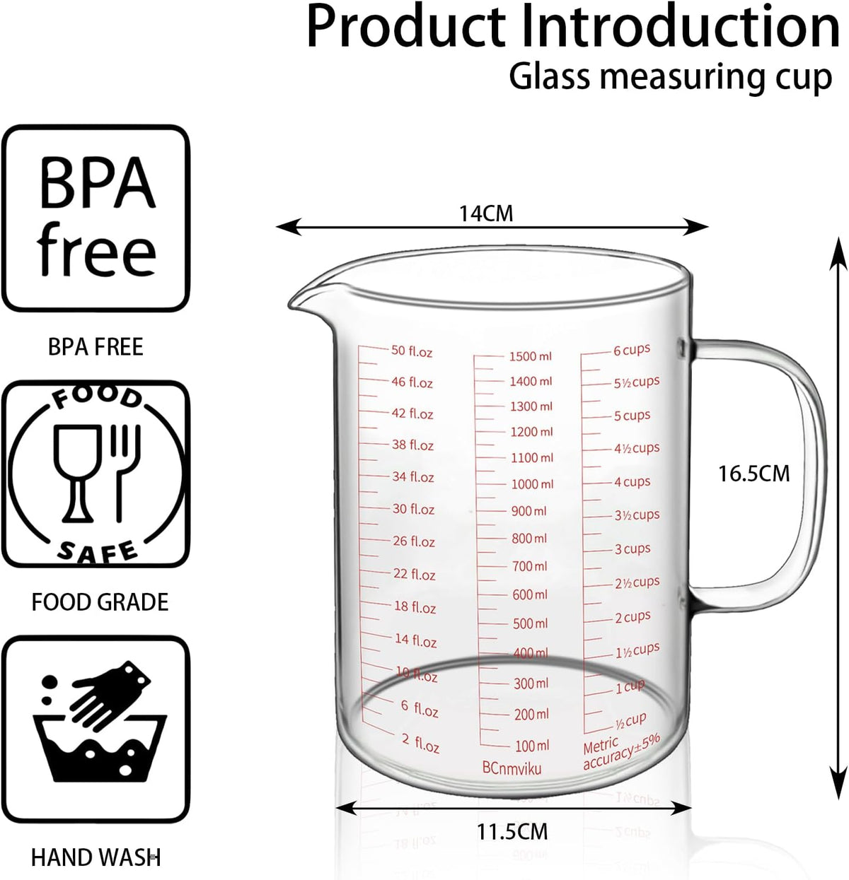 BCnmviku Glass Measuring Cups High Borosilicate [Insulated Handle | V-Shaped Spout]For Prepping Baking and Cooking Preheated Oven Dishwasher Freezer and Microwave Safe (1500ML)