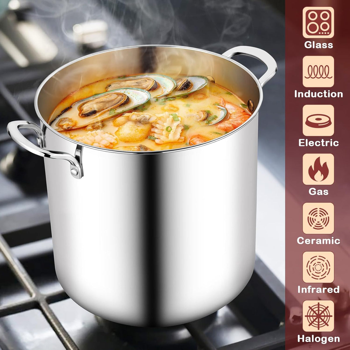 TeamFar 12 Quart Stock Pot, Stainless Steel Tri-ply Stockpot Large Pasta Soup Cooking Pot with Clear Lid, for Induction Gas Electric Ceramic, Healthy & Heavy Duty, Solid Handles & Dishwasher Safe