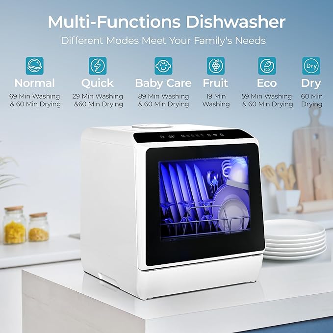 EUHOMY Countertop Dishwasher Portable with 6 Programs, 5L Built-in Water Tank for Apartments & RV, 167℉ High-Temp, No Hookup Needed, Mini Dishwasher with Baby Care, Air Dry/Quick/ECO/Fruit/Normal Mode