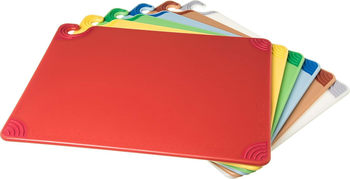 San Jamar Saf-T-Grip Plastic Cutting Board With Safety Hook, 18" x 24" x 0.5", Assorted Colors, (Set of 6)
