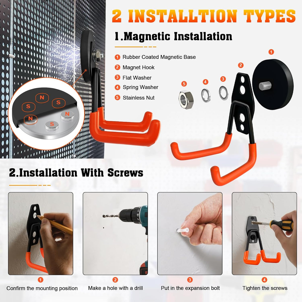 Large Magnetic Hooks Heavy Duty Magnetic Garage Hook,4 Pack Magnet Hooks with Anti-Slip Coating, Strong Storage Utility Magnetic Hook fo Metal Cabinet,Pegboard,Garage Shelve,Garden Tools(Orange,M)