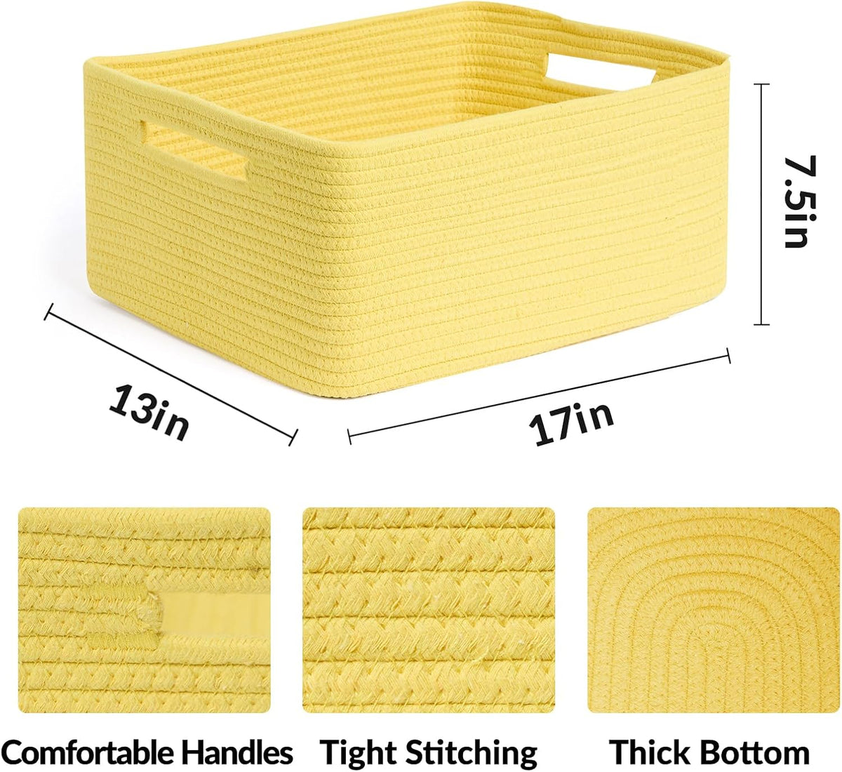 Large Storage Baskets for Organizing, Closet Shelf Baskets for Clothes Blanket Towels, Baby Nursery, Toy Bins Box, Woven Rope Baskets, 17 x 13 x 7.5”, 4 Packs Yellow