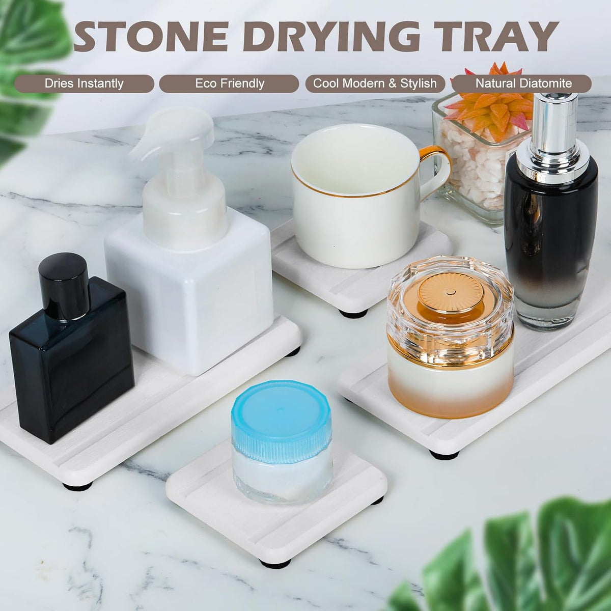 4PCS Stone Drying Trays for Bathroom Sink, Water Absorbing Stone Tray, Water Absorbent Diatomaceous Earth Tray and Coaster, Diatomite Soap Dish, Drying Stones Soap Trays for Kitchen Counter