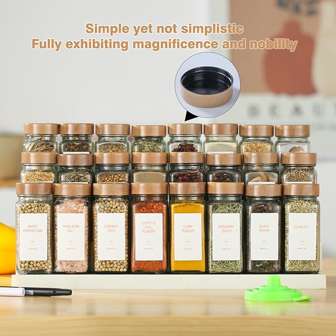 Spice Jars with Label，4oz Seasoning Containers, Glass Spice Bottles with Shaker Lids,Funnel, Chalk Pen (48)