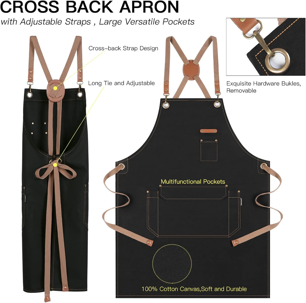 Genixart Chef Apron for Men Women with Pockets, Canvas Aprons for Kitchen Cooking, Artist Painting, Work Apron for Server (Black, 6 Pack)