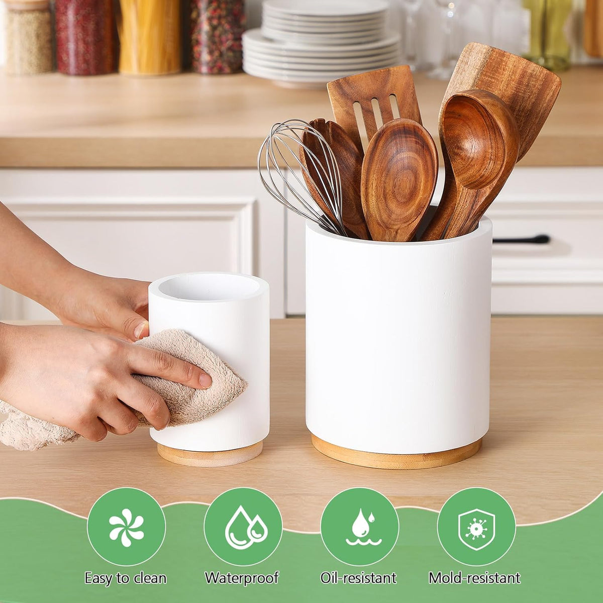 2 Pack Wooden Utensil Holder, 360°Rotating Kitchen Cooking Utensil Crock, Spoon Spatula Holder for Kitchen Counter, Farmhouse Countertop Organizer(White,Round)