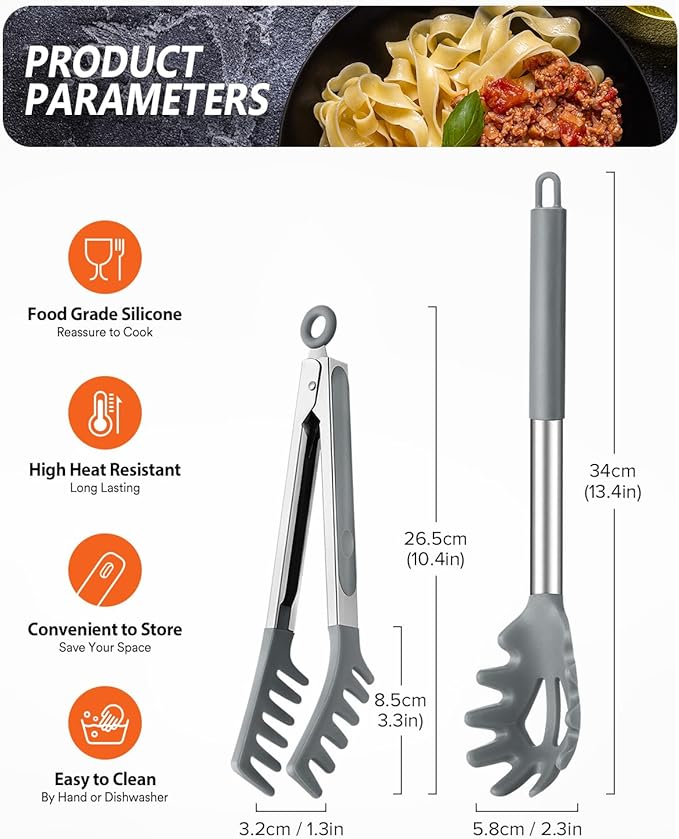 Silicone Spaghetti Spoon & Pasta Tong, Non-Stick Stainless Steel Handle Pasta Fork Set with Teeth, Food Clip for Easy Serving of Noodles(Grey)