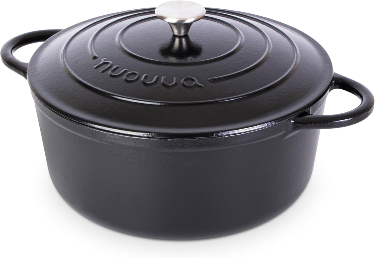 Cast Iron Dutch Oven with Lid – Non-Stick Ovenproof Enamelled Casserole Pot – Sturdy Dutch Oven Cookware – Black, 7.3-Quart, 30cm – by Nuovva