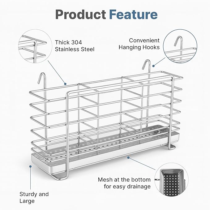 KESOL 304 Stainless Steel Utensil Drying Rack with Hooks & 3 Divided Compartments, Silverware Drying Basket, Spoon and Fork Organizer, Rustproof Kitchen Drainage Basket Accessories, Silver, 2x8.7x5