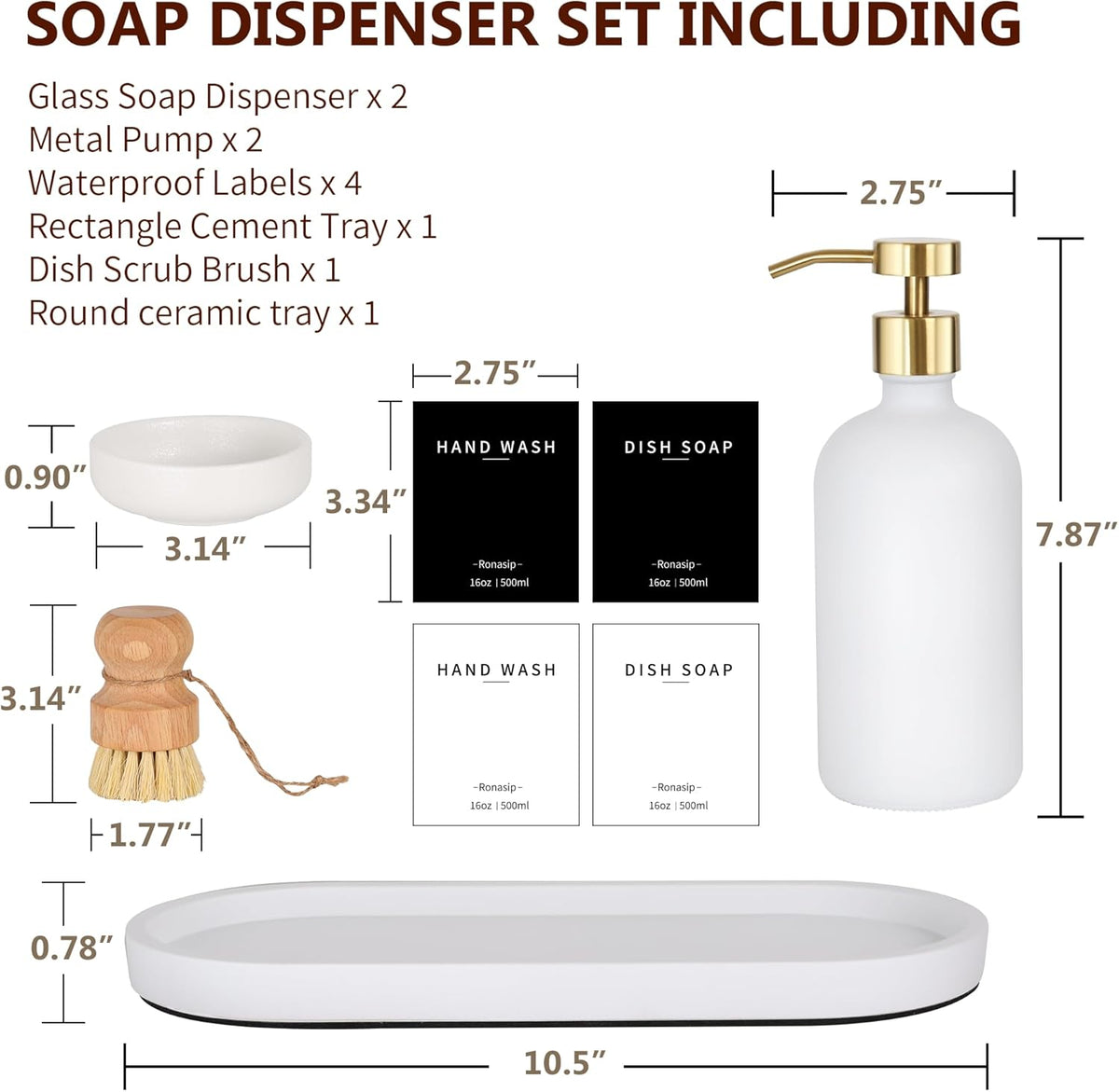 Set of 5 Kitchen Soap Dispenser Set 16 Oz Glass Hand Dish Soap Dispenser with Stainless Steel Pump, Cement Tray, Dish Scrub Brush for Farmhouse Rustic Home Bathroom Decor (White)
