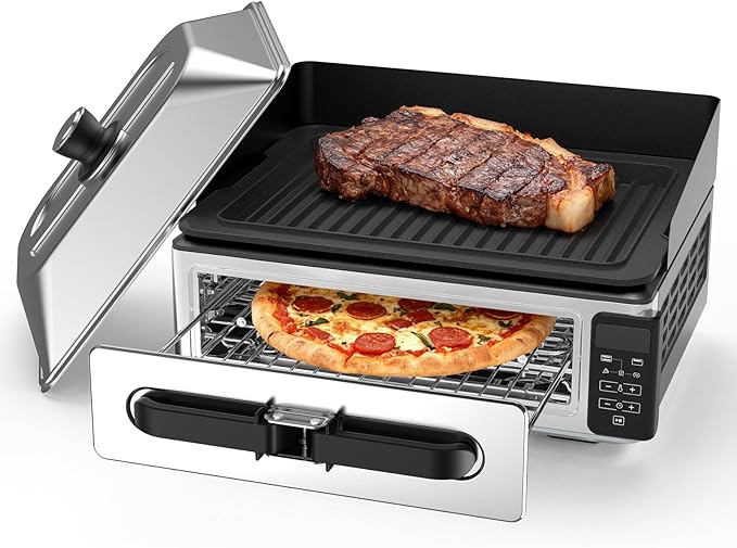 OLIXIS Electric Grill Indoor for Steak and Veggies, Smokeles Griddle with Lid for Kitchen Cooking, Countertop Oven Includes Temp Control/Grill Plate/Splash Guard/Crumb Tray, Silver
