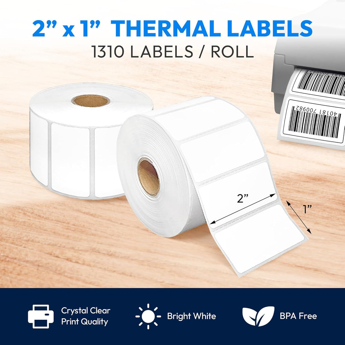 2x1 Direct Thermal Label, Barcode Address Mailing Name Shipping Labels, Perforated Thermal Stickers, Multipurpose, Commercial Grade for Thermal Printer, Strong Adhesive, 1310/Roll, 4 Rolls