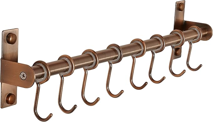 Dseap Kitchen Utensil Holder Hanger, Pot and Pan Rack Wall Mount, Kitchen Rail with 8 Hooks for Hanging Cooking Utensils, Mugs, Spoons, Wall Mounted, Stainless Steel, Antique Copper