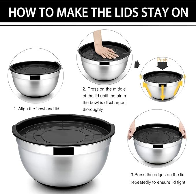 P&P CHEF Mixing Bowls With Lids, Set of 6, Stainless Steel Nesting Mixing Bowls & Fitting Lids & Non-Slip Silicone Bottom, Ideal for Mixing, Storing, Size 0.7/1/1.5/2.5/3/4.6 Qt, Black