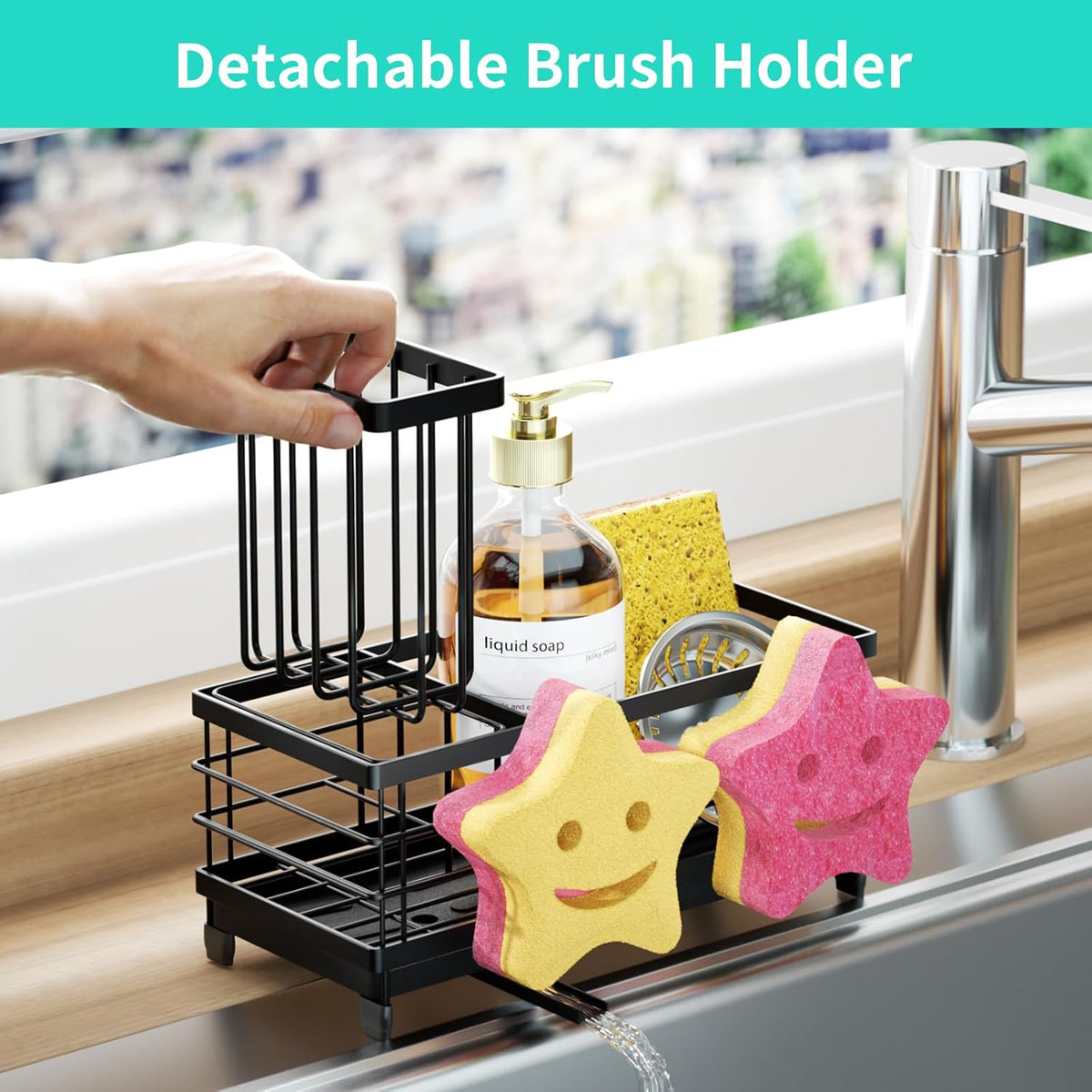 HapiRm Sink Caddy Sponge Holder - Self-draining Kitchen Sink Organizer with Smiley Face and Brush Holder, Stainless Steel Kitchen Sponge Caddy for Countertop - Black